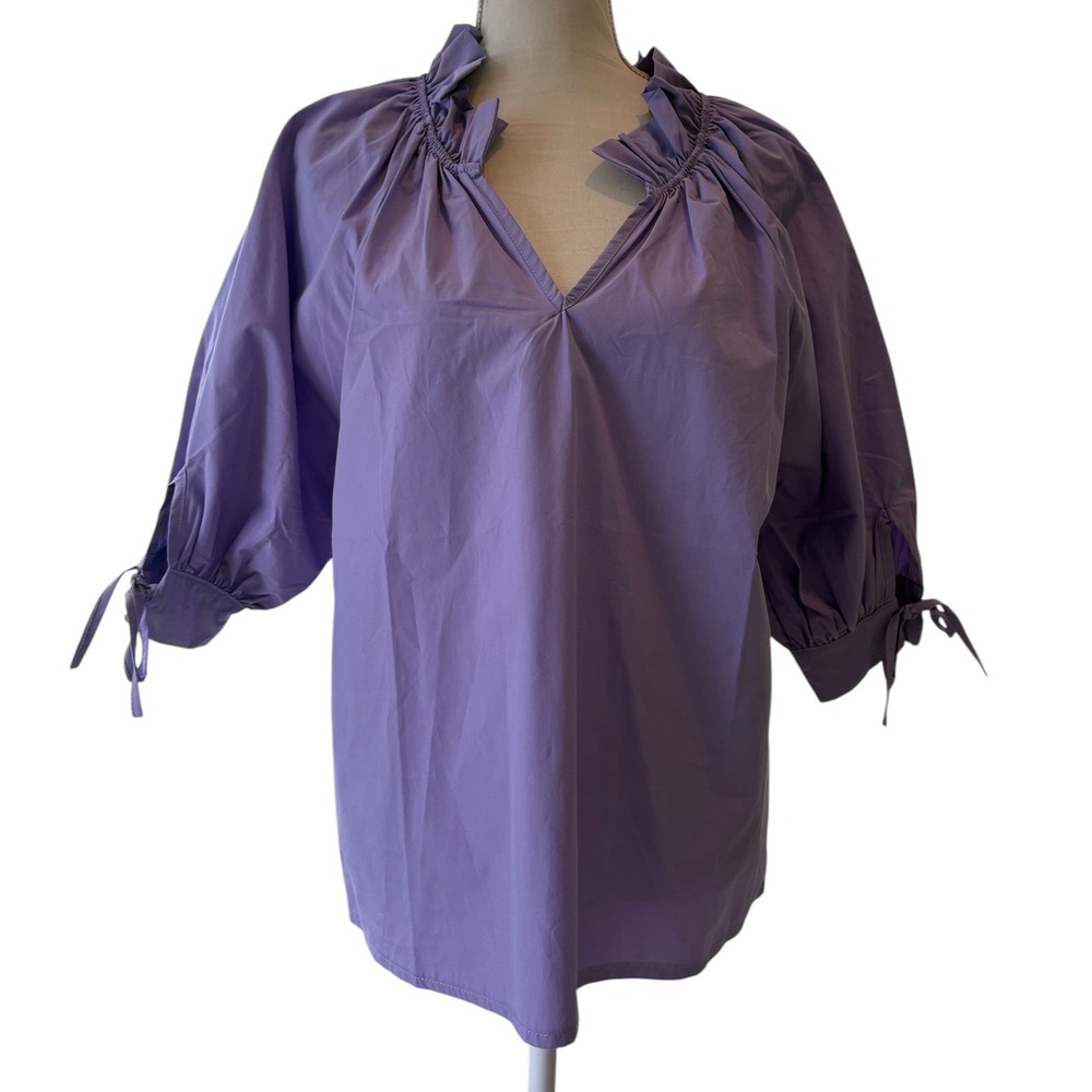 Sofia Made‎ in Italy Purple Cotton Ruffle V-Neck Tie Sleeve Blouse Medium NWT